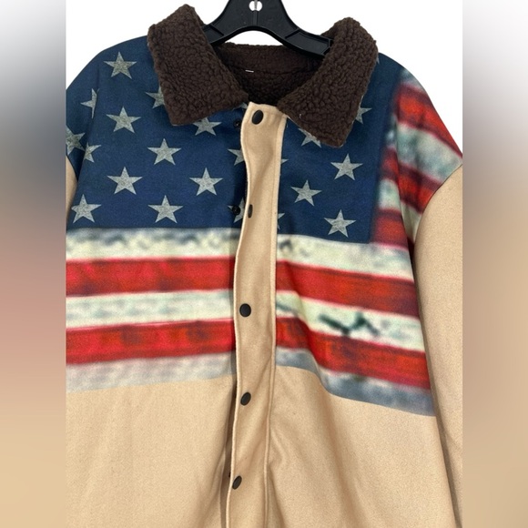 NWOT Jelly Buddy Tan Flag Graphic Fleece Lined Snap Front Lightweight Jacket XXL - Picture 1 of 8